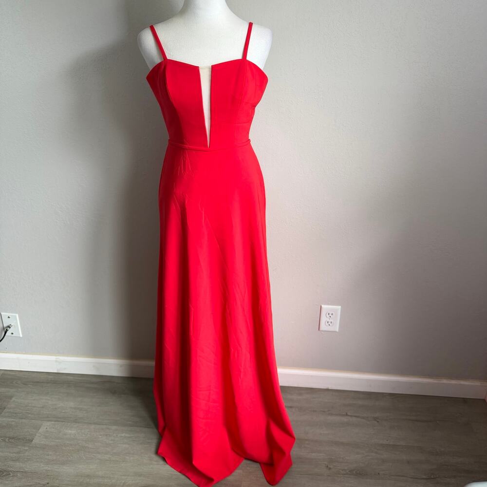Theia Bright Red Evening Gown Deep V-Neck Sheer Panel Cutout Back Dress Womens 2